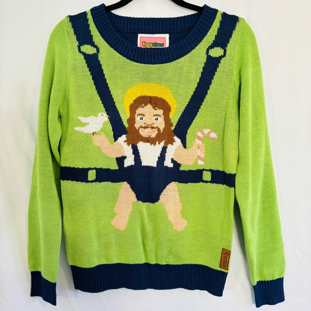 NWT TIPSY ELVES Sweet Baby Jesus Ugly Christmas Sweater Green Sz S Unisex